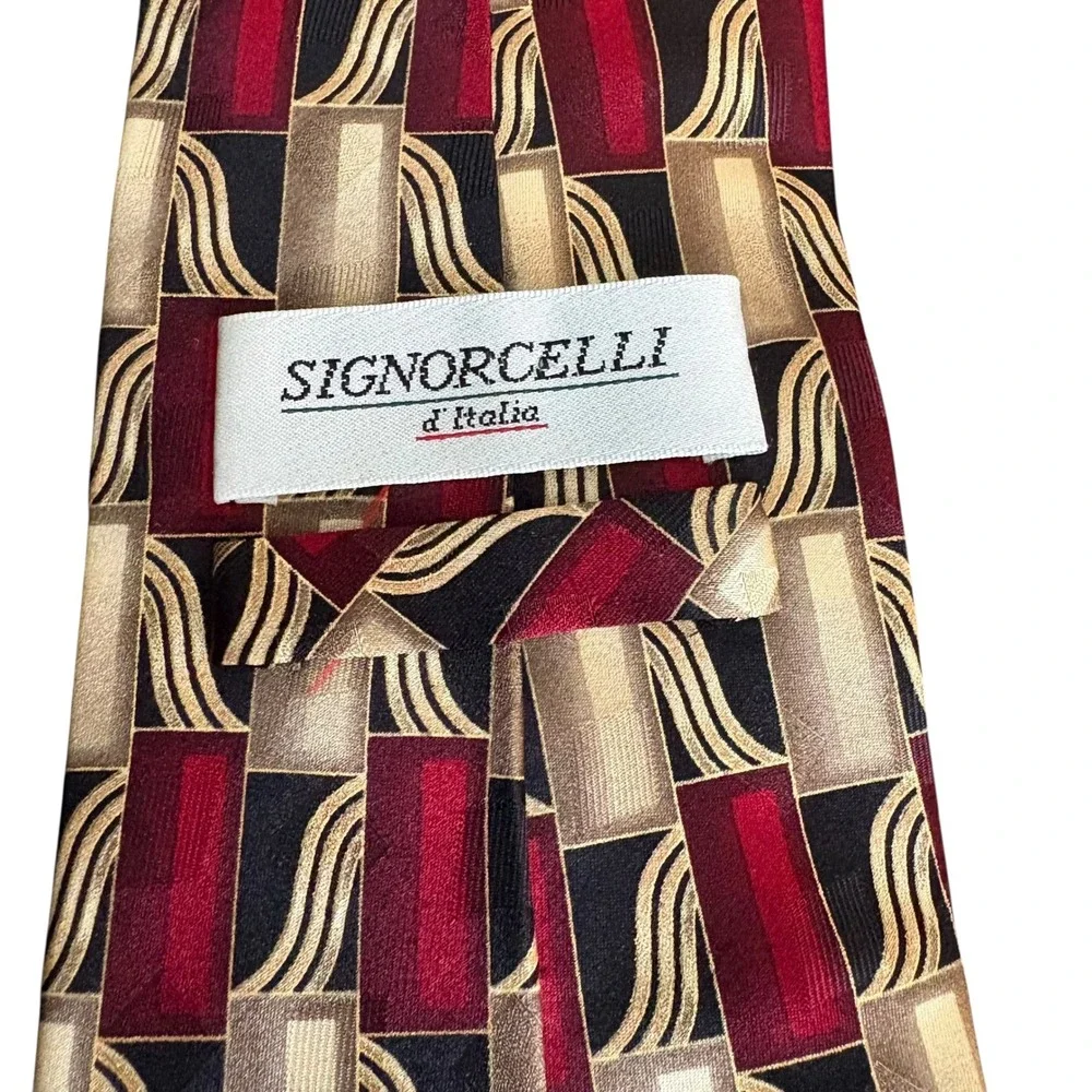 Signorcelli d'Italia Tie Men's 100% Silk Red Gold Black Geometric‎ Made in Korea